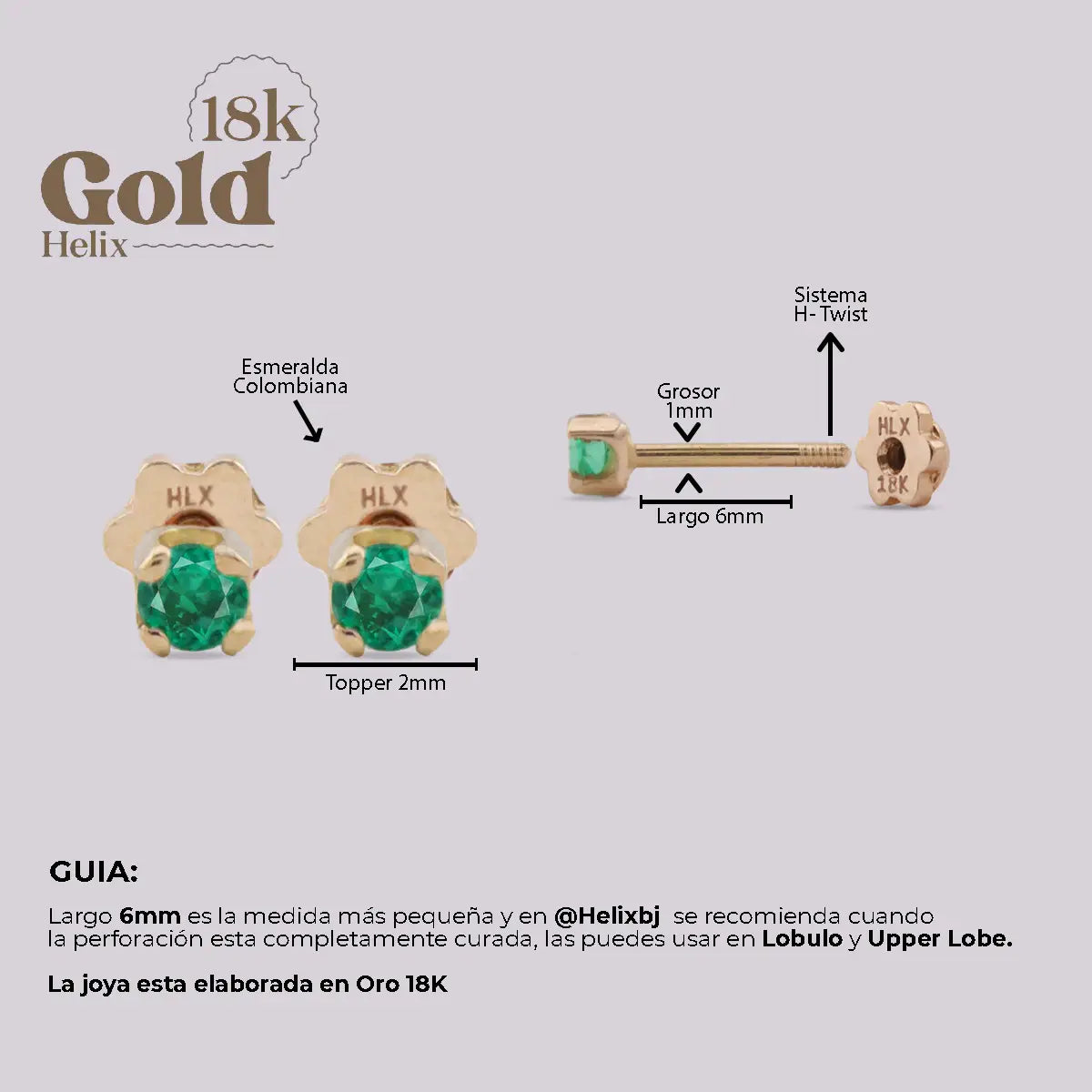 Aretes en Oro 18K con Esmeralda Colombiana – Diseño H Helix