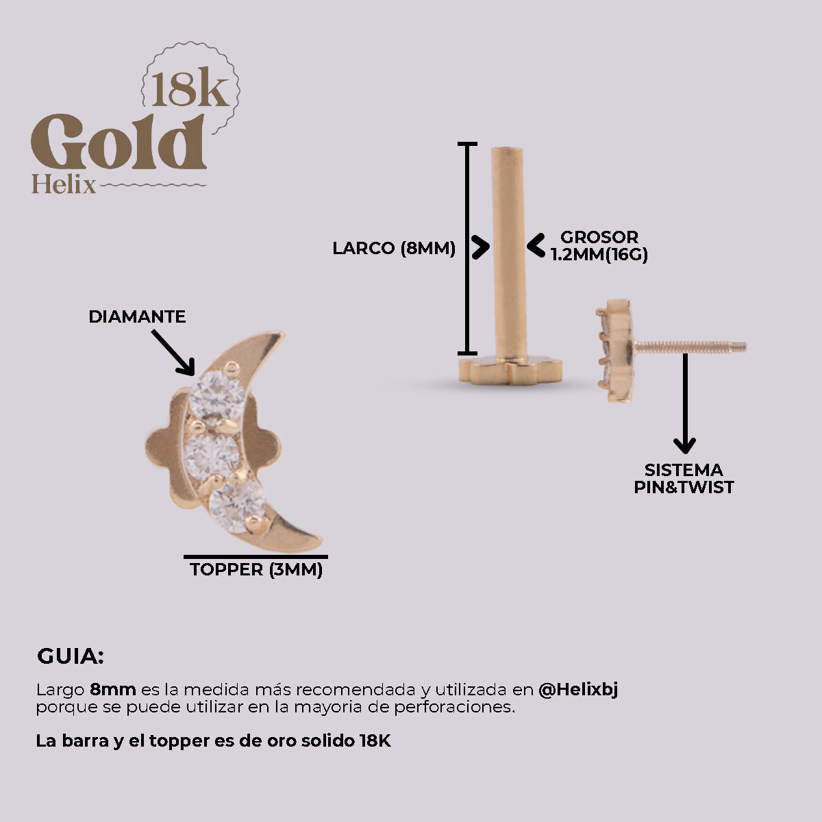 Labret Luna Creciente en Oro 18K con Diamantes Naturales