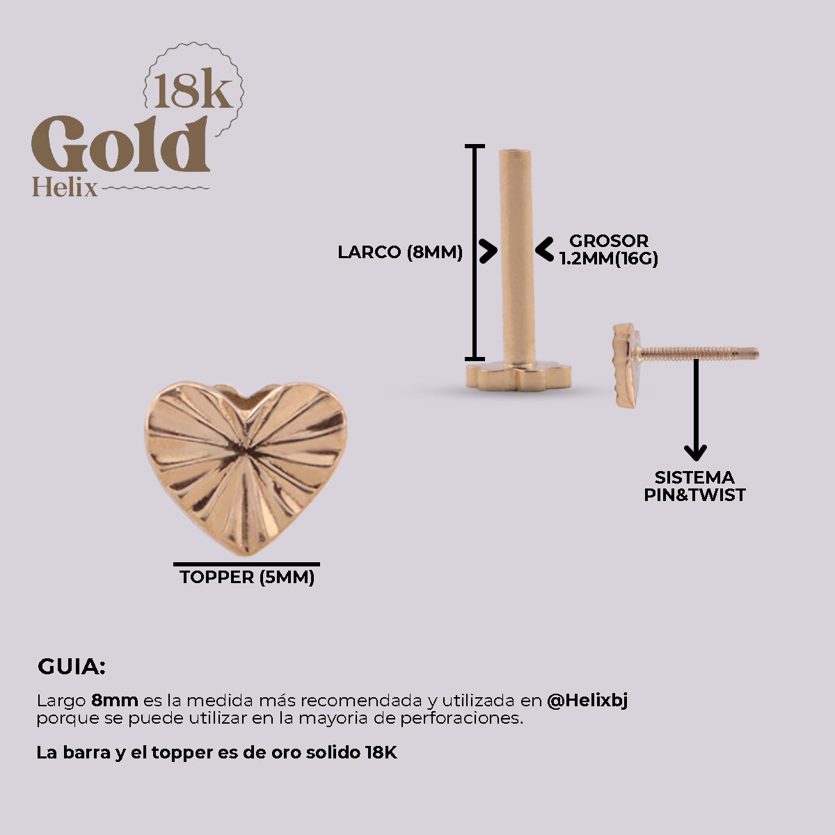 Labret Corazón Grabado en Oro 18K