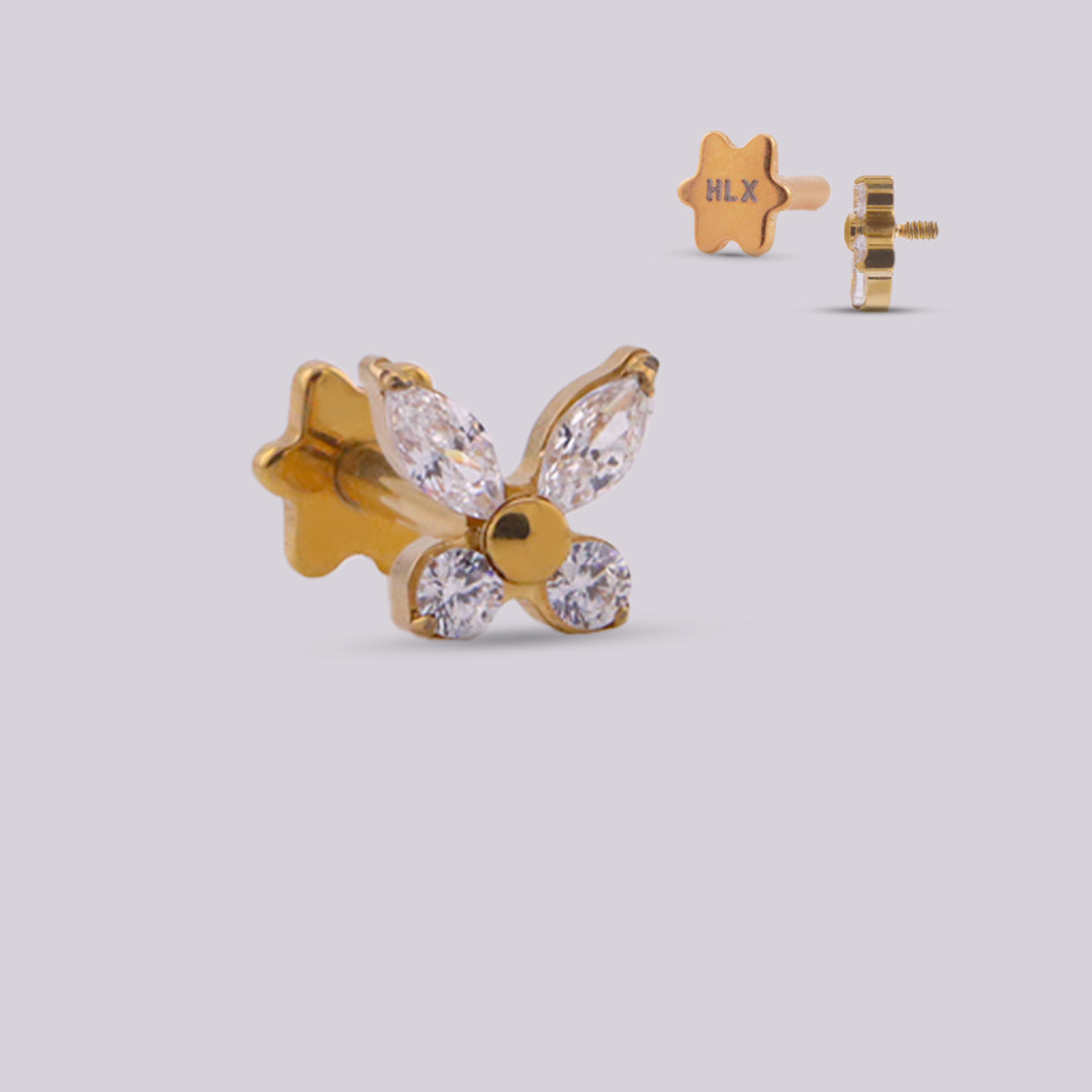 Labret Mariposa en Titanio con Zirconias – Dorado PVD