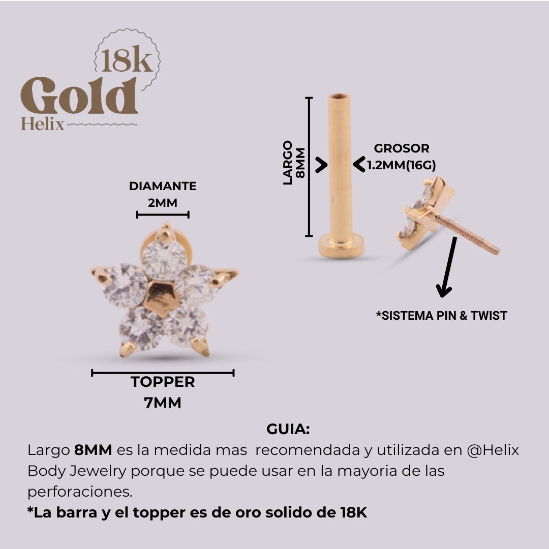 Labret Flor en Oro 18K con Diamante Natural