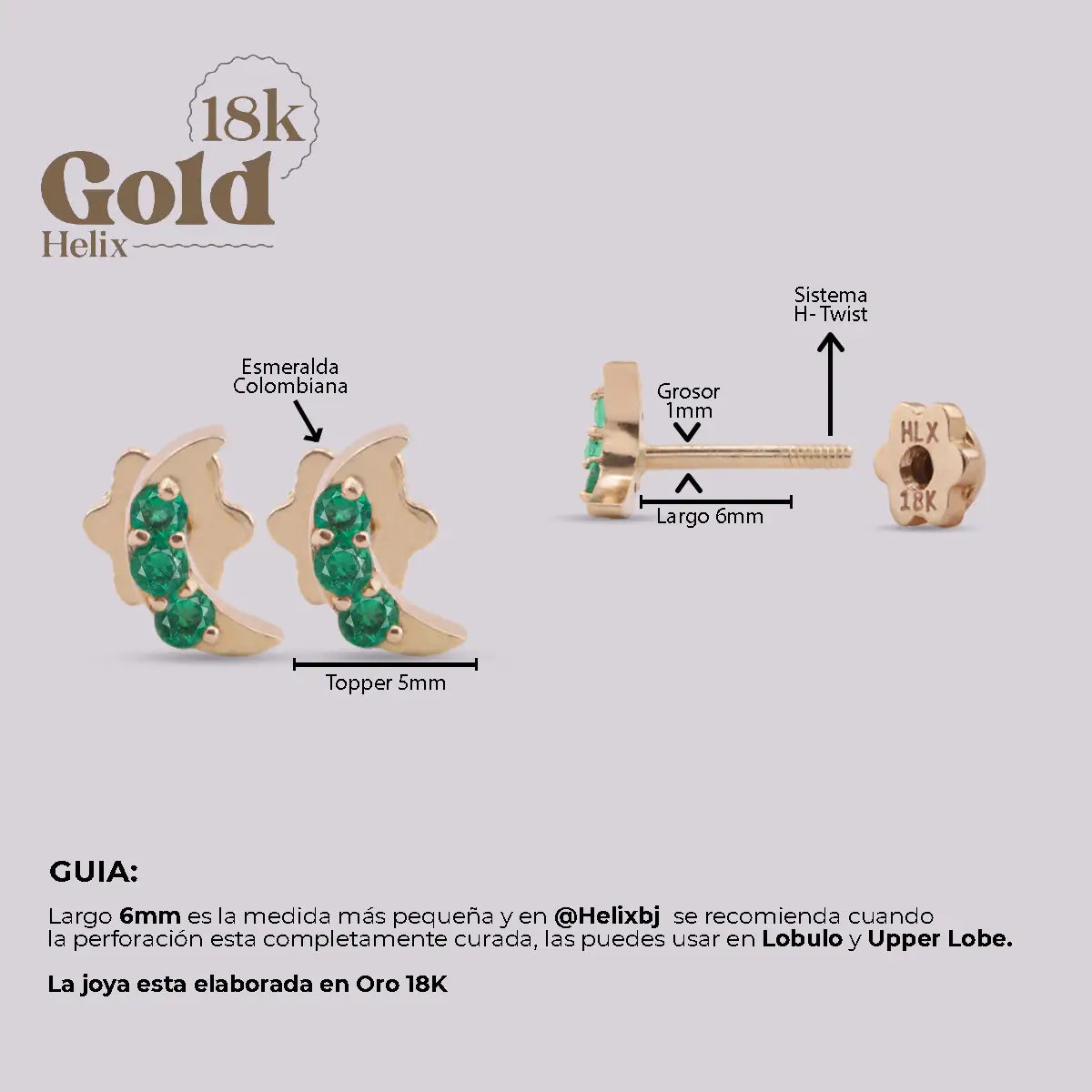 Aretes Media Luna en Oro 18K con Esmeraldas Colombianas