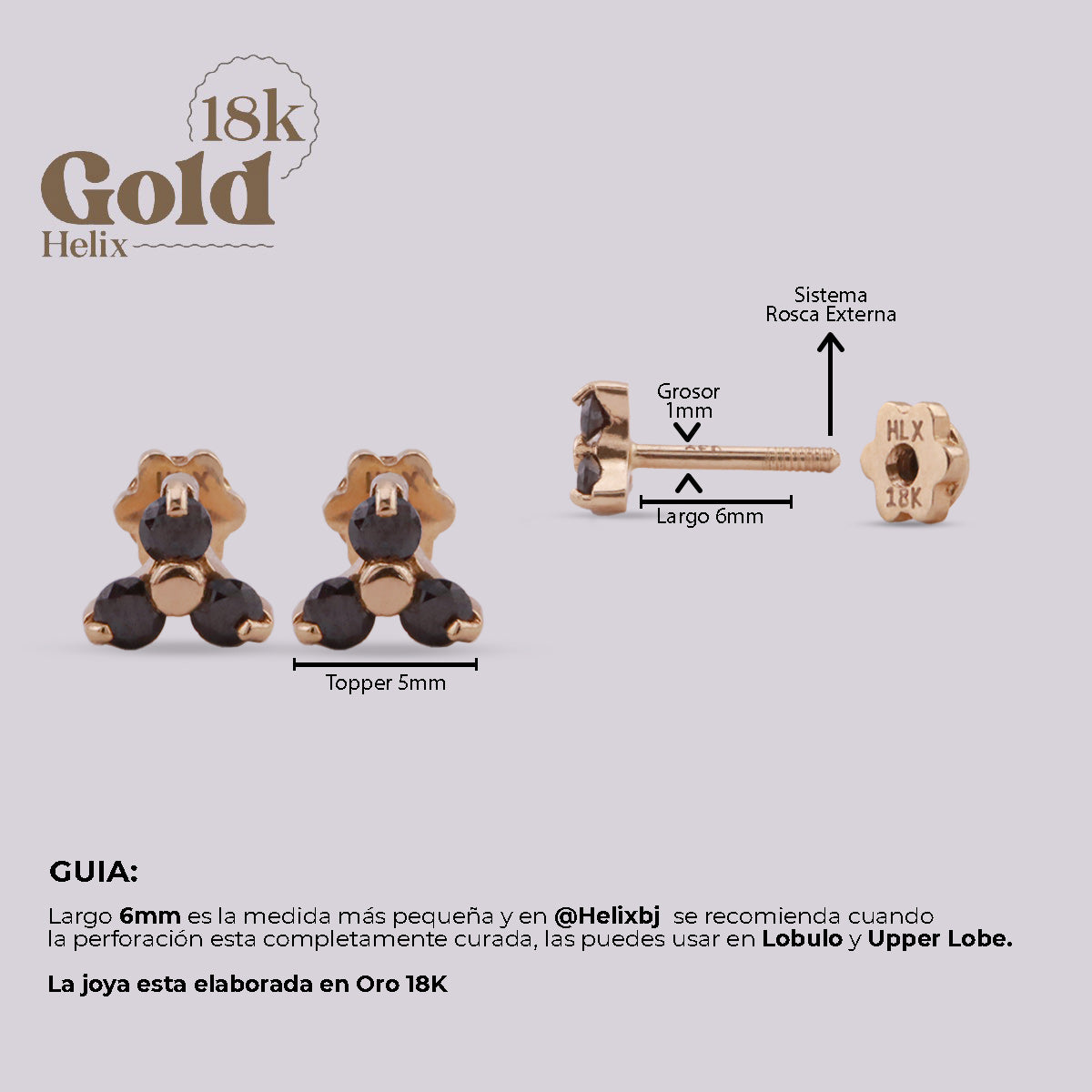 Aretes Topo Oro 18K con Tres Diamantes Negros