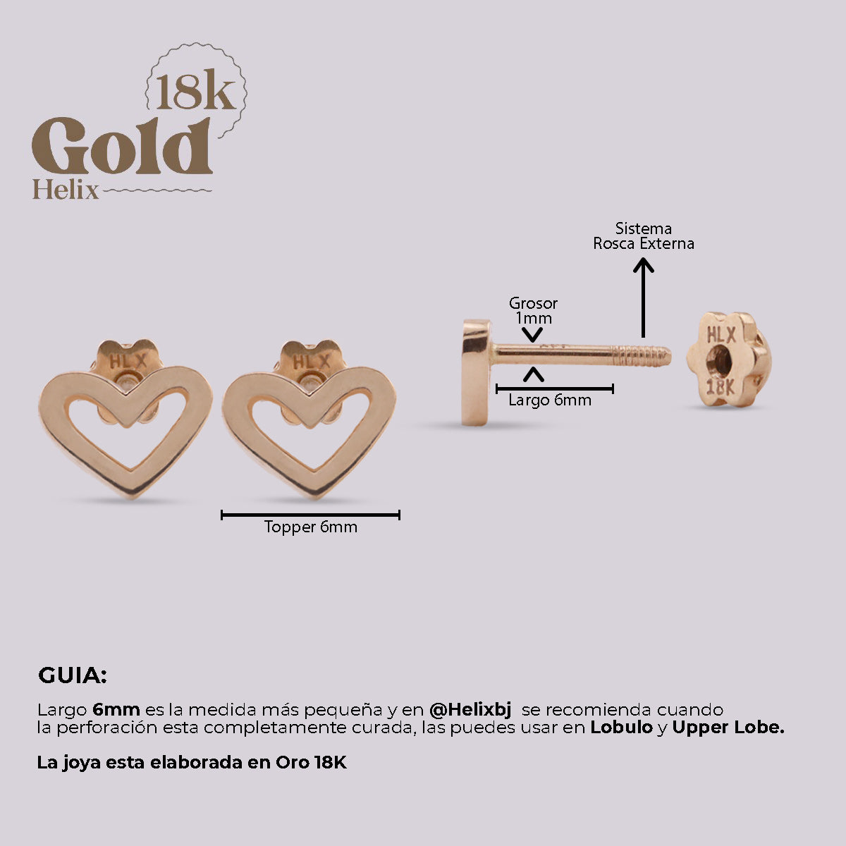 Aretes Topo Corazón Oro 18K con Rosca Segura