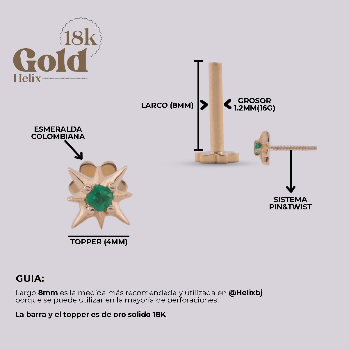 Labret Estrella en Oro 18K con Esmeralda Colombiana