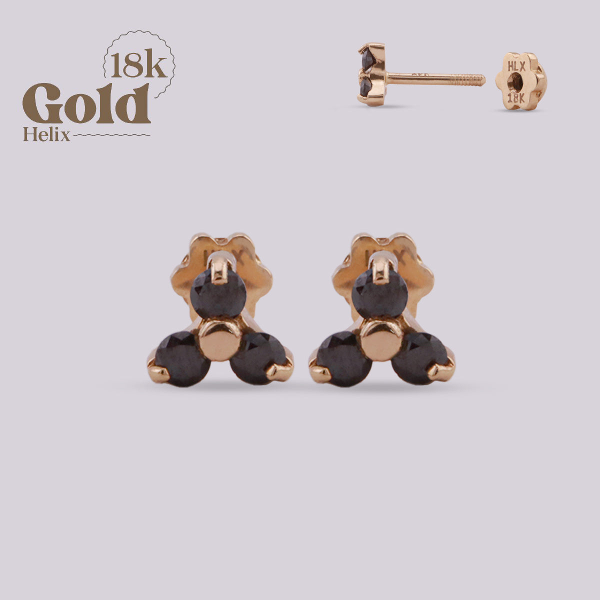 Aretes Topo Oro 18K con Tres Diamantes Negros