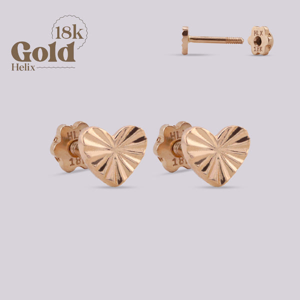 18K Gold Engraved Heart Stud Earrings with Secure Threaded Backs