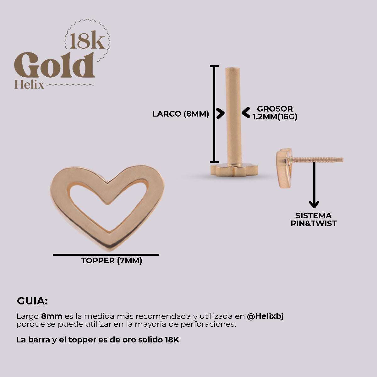 Labret Corazón en Oro 18K